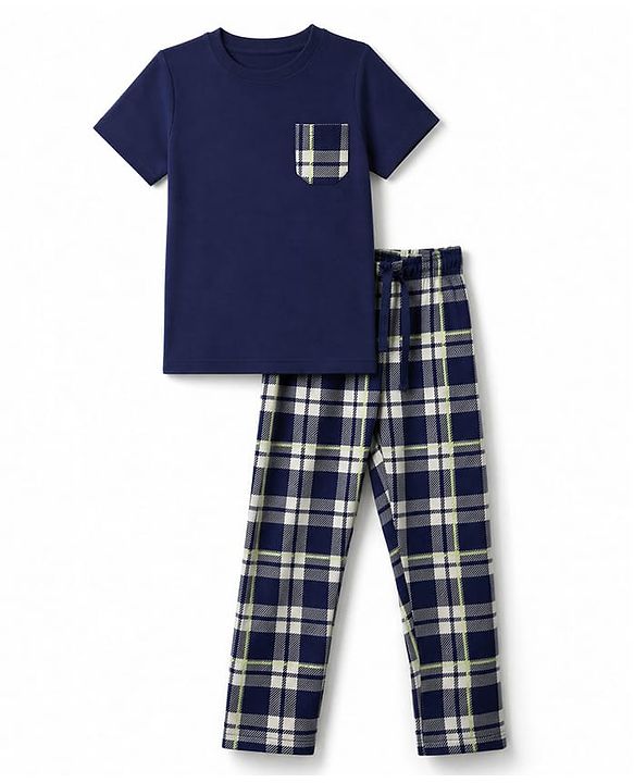 Pine Kids Cotton Knit Half Sleeves T-Shirt & Checked Pyjama Night Suit - Blue
