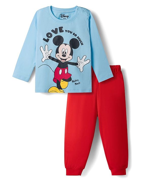 Babyhug Disney Single Jersey Knit Full Sleeves T-Shirt & Pyjama Night Suit with Mickey Mouse Graphics -  Blue & Red