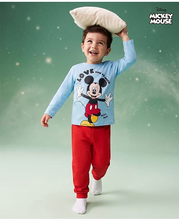 Babyhug Disney Single Jersey Knit Full Sleeves T-Shirt & Pyjama Night Suit with Mickey Mouse Graphics -  Blue & Red