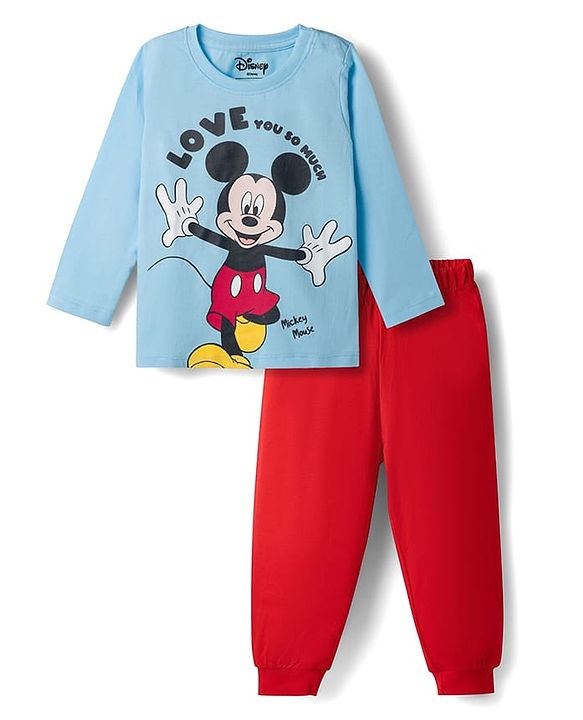 Babyhug Disney Single Jersey Knit Full Sleeves T-Shirt & Pyjama Night Suit with Mickey Mouse Graphics -  Blue & Red