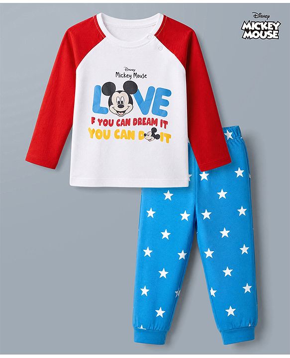 Babyhug Disney Single Jersey Knit Full Sleeve T Shirt Pyjama Night Suit With Mickey Mouse Graphic in Red
