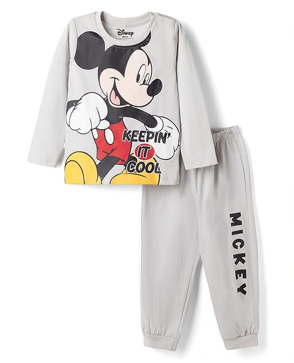Babyhug Disney Single Jersey Knit Full Sleeves T-shirt & Pyjama Night Suit With Mickey Mouse Graphic -Grey