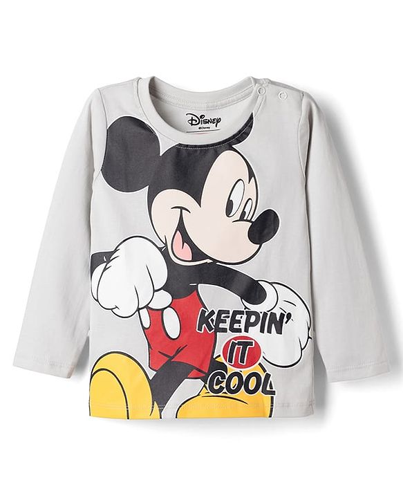 Babyhug Disney Single Jersey Knit Full Sleeves T-shirt & Pyjama Night Suit With Mickey Mouse Graphic -Grey