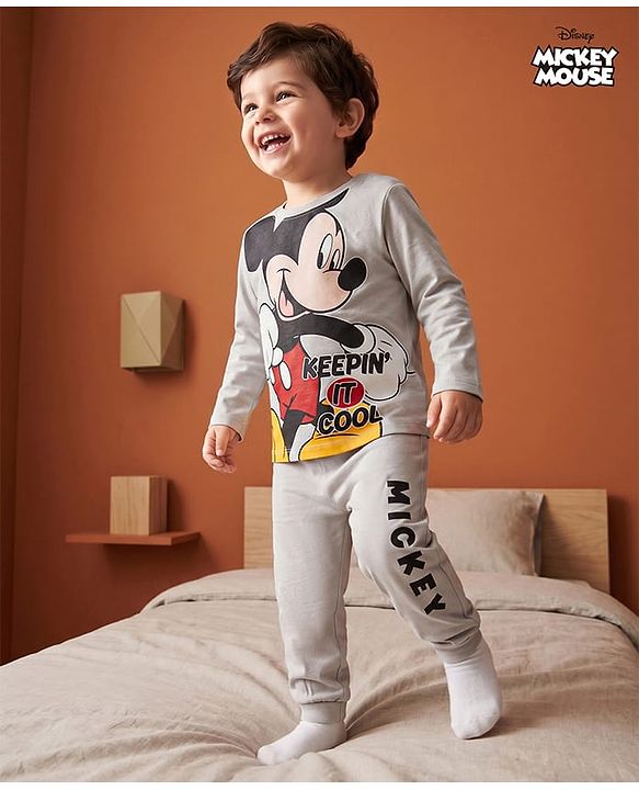 Babyhug Disney Single Jersey Knit Full Sleeves T-shirt & Pyjama Night Suit With Mickey Mouse Graphic -Grey
