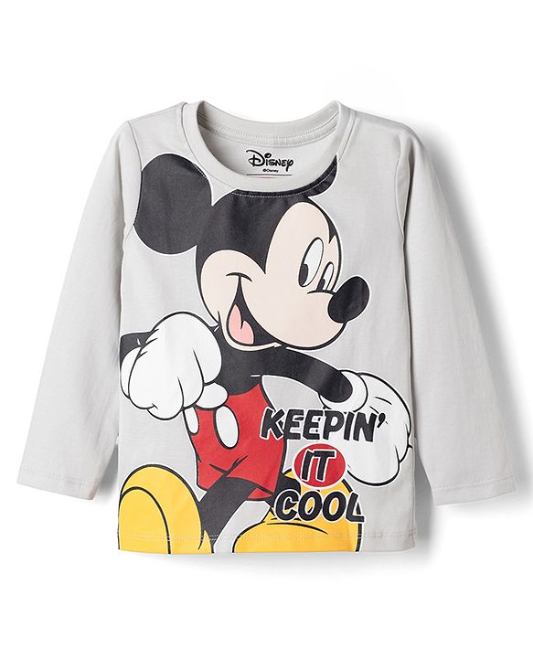 Babyhug Disney Single Jersey Knit Full Sleeves T-shirt & Pyjama Night Suit With Mickey Mouse Graphic -Grey