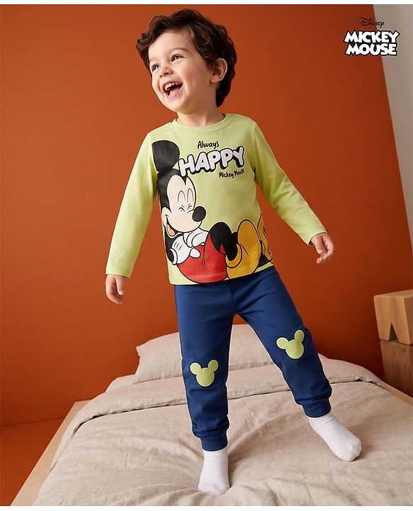 Babyhug Disney Single Jersey Knit Full Sleeves T-Shirt & Pyjama Night Suit with Mickey Mouse Graphics - Light Green & Navy Blue