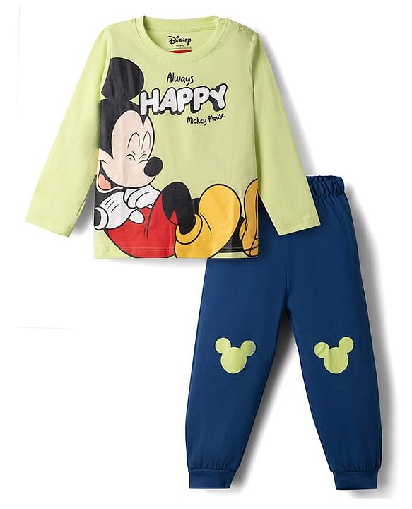 Babyhug Disney Single Jersey Knit Full Sleeves T-Shirt & Pyjama Night Suit with Mickey Mouse Graphics - Light Green & Navy Blue