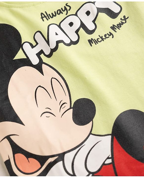 Babyhug Disney Single Jersey Knit Full Sleeves T-Shirt & Pyjama Night Suit with Mickey Mouse Graphics - Light Green & Navy Blue
