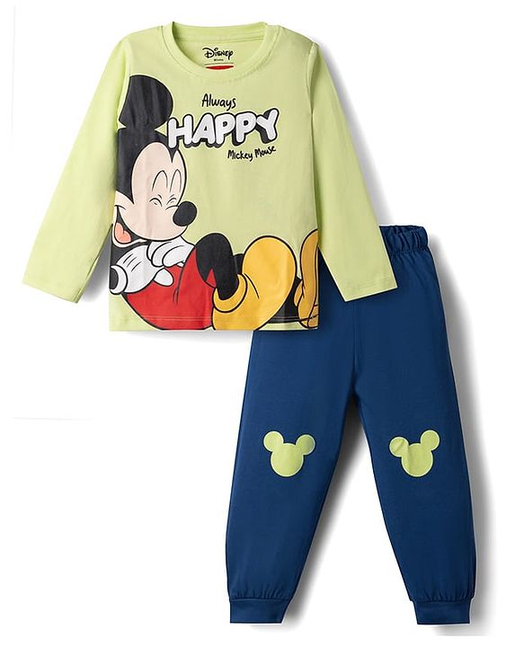 Babyhug Disney Single Jersey Knit Full Sleeves T-Shirt & Pyjama Night Suit with Mickey Mouse Graphics - Light Green & Navy Blue