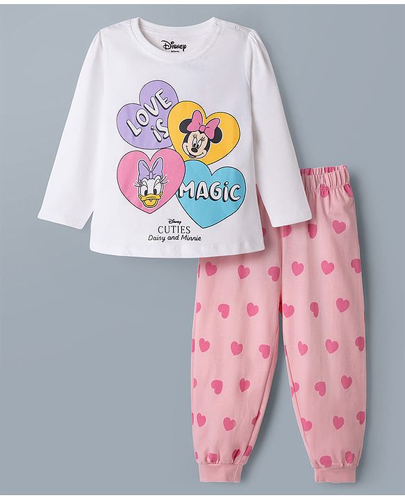 Babyhug Disney 100% Cotton Knit Full Sleeves T-Shirt & Pyjama Night Suit With Minnie Mouse & Friends Graphic - White & Pink