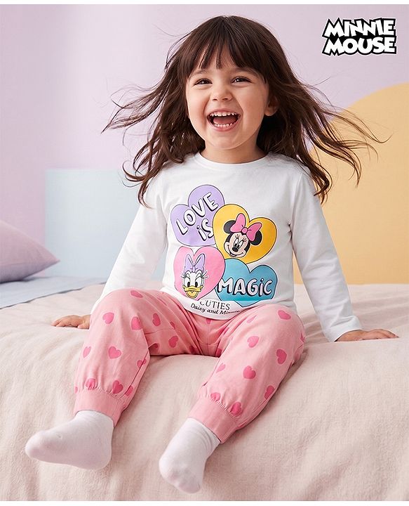 Babyhug Disney 100% Cotton Knit Full Sleeves T-Shirt & Pyjama Night Suit With Minnie Mouse & Friends Graphic - White & Pink