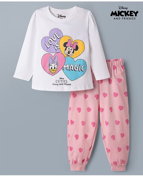 Babyhug Disney 100% Cotton Knit Full Sleeves T-Shirt & Pyjama Night Suit With Minnie Mouse & Friends Graphic - White & Pink