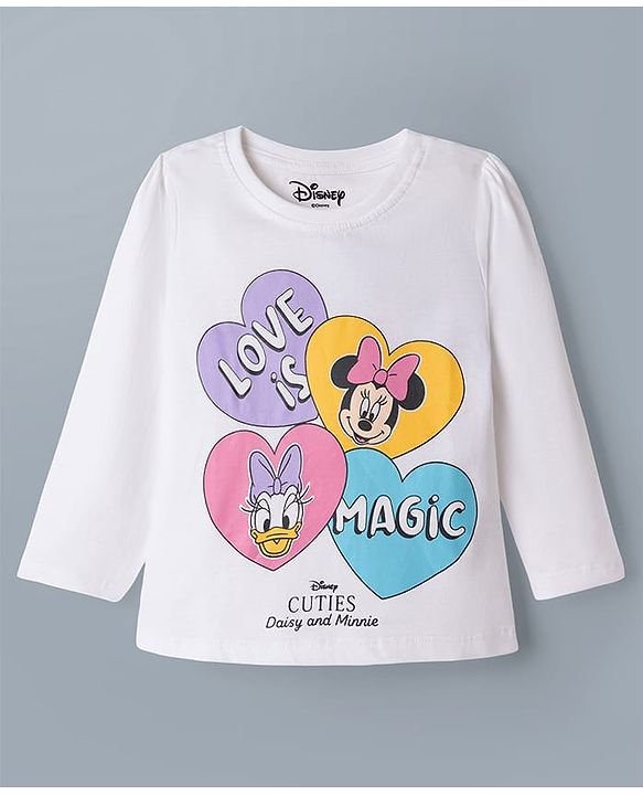 Babyhug Disney 100% Cotton Knit Full Sleeves T-Shirt & Pyjama Night Suit With Minnie Mouse & Friends Graphic - White & Pink