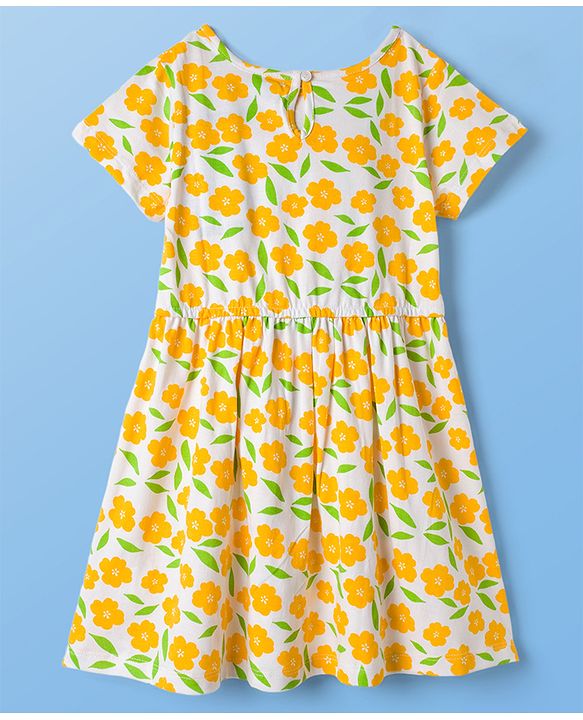 Pine Kids Cotton Knit Half Sleeves Floral Printed Frock - Yellow