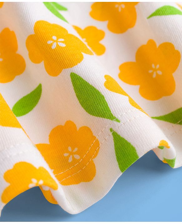 Pine Kids Cotton Knit Half Sleeves Floral Printed Frock - Yellow