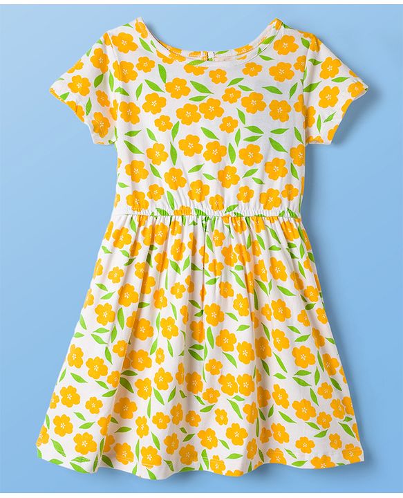 Pine Kids Cotton Knit Half Sleeves Floral Printed Frock - Yellow
