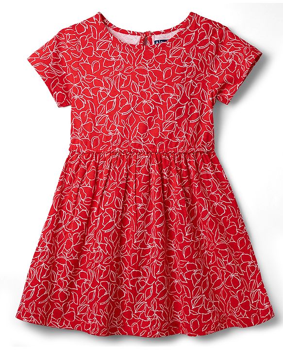 Pine Kids Cotton Knit Half Sleeves Floral Printed Dress -Red