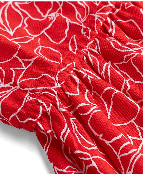 Pine Kids Cotton Knit Half Sleeves Floral Printed Dress -Red