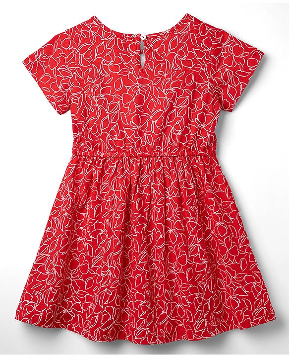 Pine Kids Cotton Knit Half Sleeves Floral Printed Dress -Red