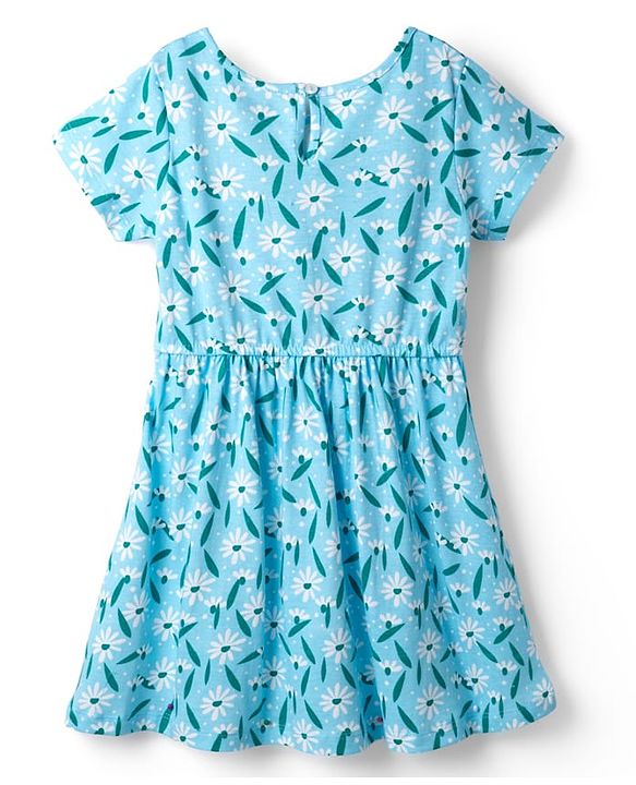 Pine Kids Cotton Knit Half Sleeves Floral Printed Dress -Light Blue