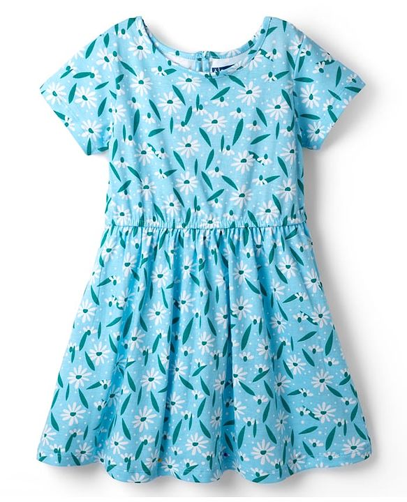 Pine Kids Cotton Knit Half Sleeves Floral Printed Dress -Light Blue