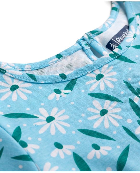 Pine Kids Cotton Knit Half Sleeves Floral Printed Dress -Light Blue