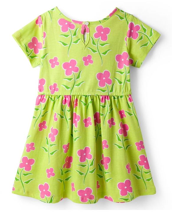 Pine Kids Cotton Knit Half Sleeves Floral Printed Dress - Light Green