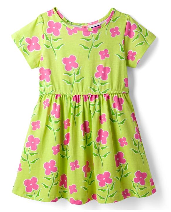 Pine Kids Cotton Knit Half Sleeves Floral Printed Dress - Light Green