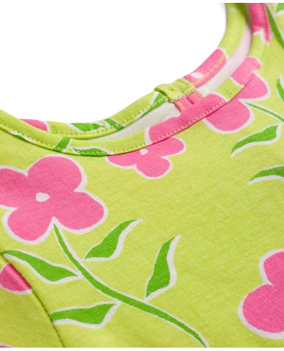 Pine Kids Cotton Knit Half Sleeves Floral Printed Dress - Light Green
