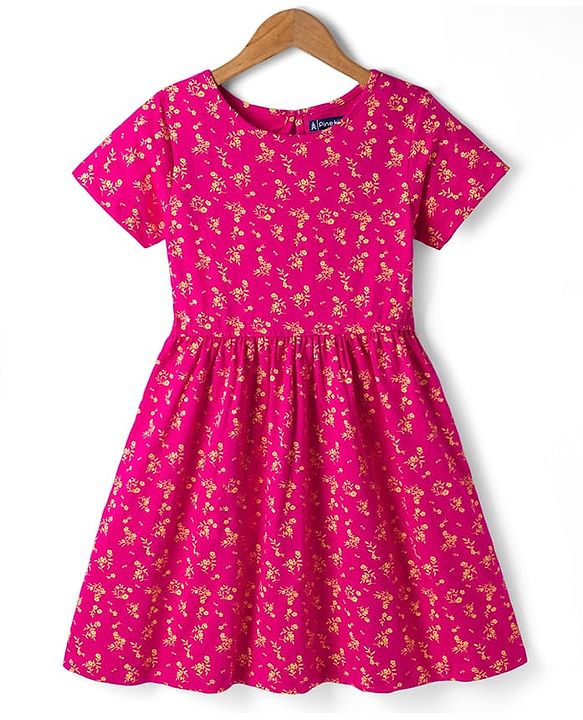 Pine Kids Cotton Knit One Piece Dress with Short Sleeves and Floral Print - Pink