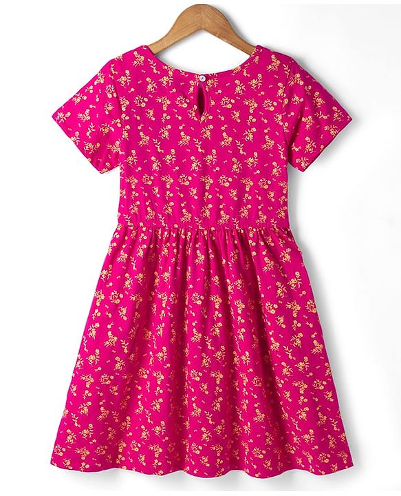 Pine Kids Cotton Knit One Piece Dress with Short Sleeves and Floral Print - Pink