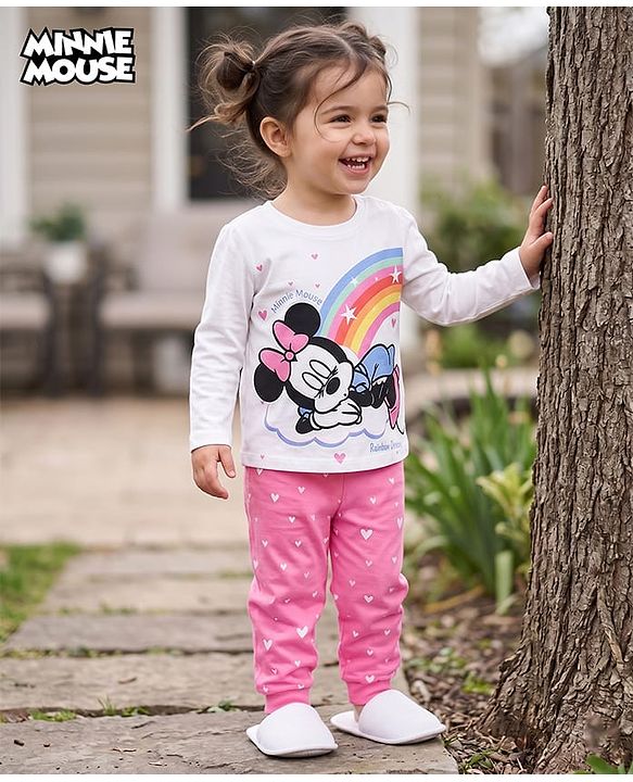 Babyhug Disney Single Jersey Knit Full Sleeves T-Shirt & Pajama Night Suit with Hearts & Minnie Mouse Graphics - White & Pink