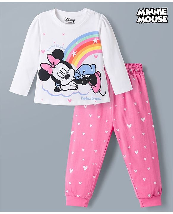 Babyhug Disney Single Jersey Knit Full Sleeves T-Shirt & Pajama Night Suit with Hearts & Minnie Mouse Graphics - White & Pink
