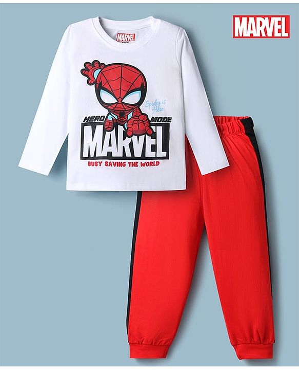 Babyhug Marvel Single Jersey Knit Full Sleeves T-Shirt & Pyjama Night Suit with Spider - Man Graphics - Red