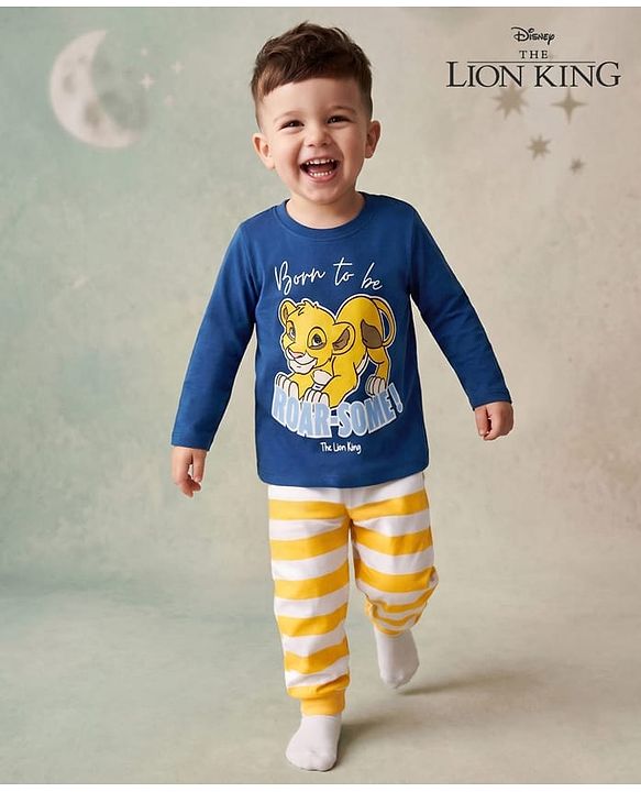Babyhug Disney Single Jersey Knit Full Sleeves T-Shirt & Pyjama Night Suit with The Lion King Graphics - Yellow & Navy Blue