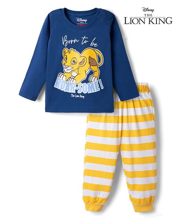 Babyhug Disney Single Jersey Knit Full Sleeves T-Shirt & Pyjama Night Suit with The Lion King Graphics - Yellow & Navy Blue