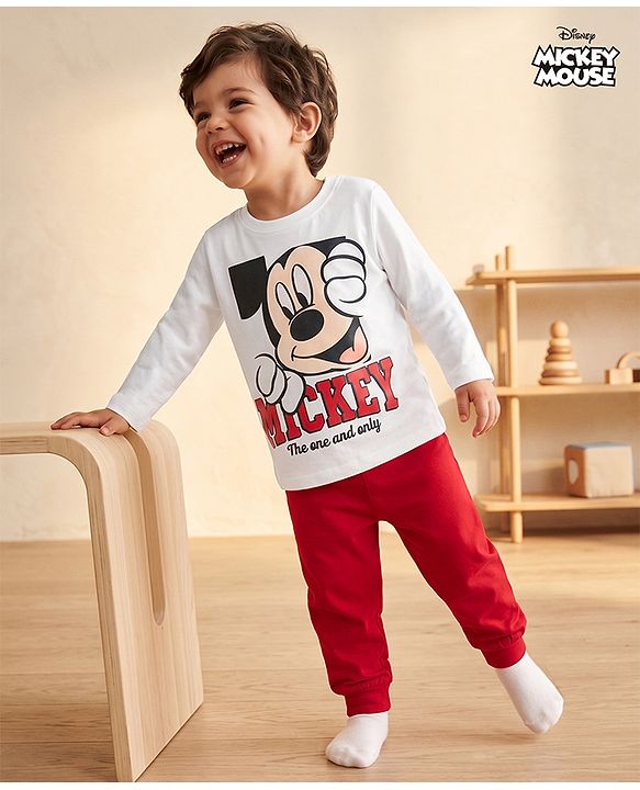 Babyhug Disney Single Jersey Knit Full Sleeves T-shirt & Pyjama Night Suit With Mickey Mouse Graphic -White