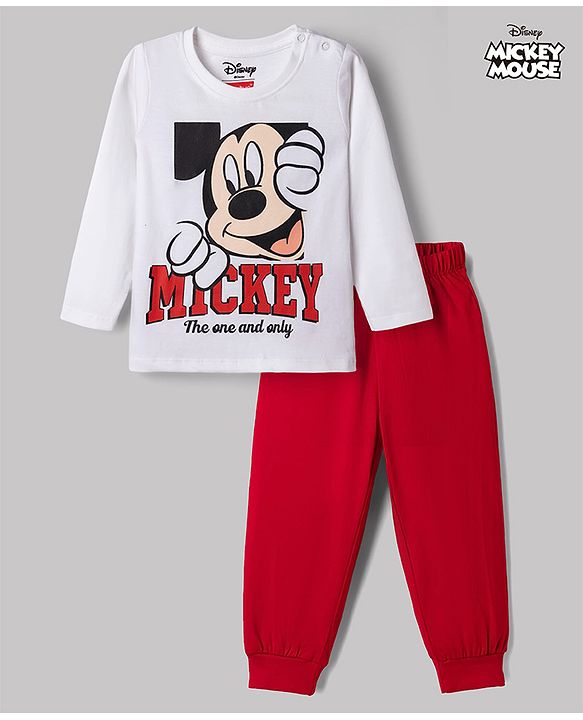 Babyhug Disney Single Jersey Knit Full Sleeves T-shirt & Pyjama Night Suit With Mickey Mouse Graphic -White