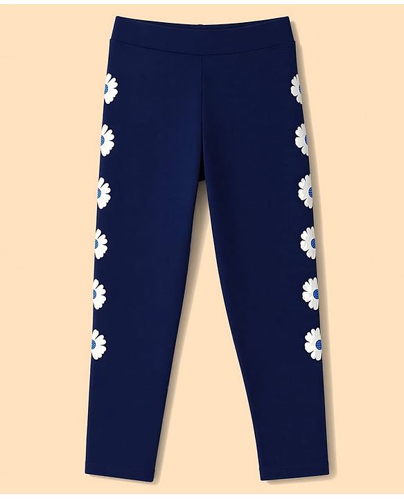 Pine Kids Cotton Knit Full Length Legging With Floral Print - Navy Blue