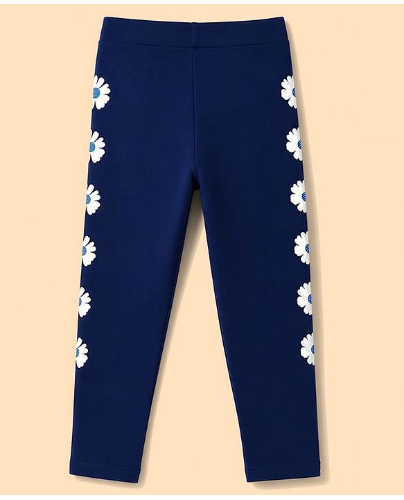 Pine Kids Cotton Knit Full Length Legging With Floral Print - Navy Blue