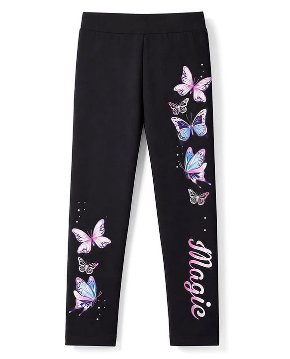 Pine Kids Cotton Lycra Knit Full Length Butterfly Printed Leggings - Black