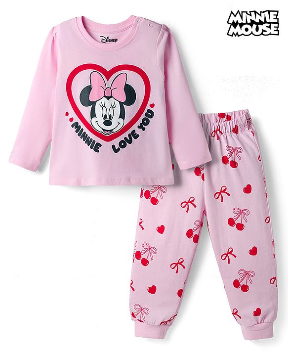 Babyhug Disney Single Jersey Knit Full Sleeves T-Shirt & Pajama Night Suit with Minnie Mouse Graphics - Pink