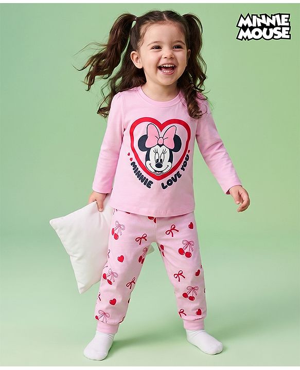 Babyhug Disney Single Jersey Knit Full Sleeves T-Shirt & Pajama Night Suit with Minnie Mouse Graphics - Pink
