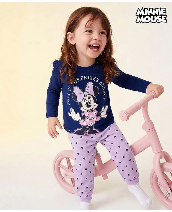 Babyhug Disney Single Jersey Knit Full Sleeves T-Shirt & Pajama Night Suit with Minnie Mouse Graphics - Navy Blue