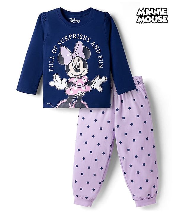 Babyhug Disney Single Jersey Knit Full Sleeves T-Shirt & Pajama Night Suit with Minnie Mouse Graphics - Navy Blue