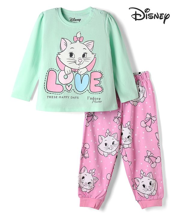 Babyhug Disney Single Jersey Knit Full Sleeves T-Shirt & Pyjama Night Suit With Marie Graphic - Pink & Light Green