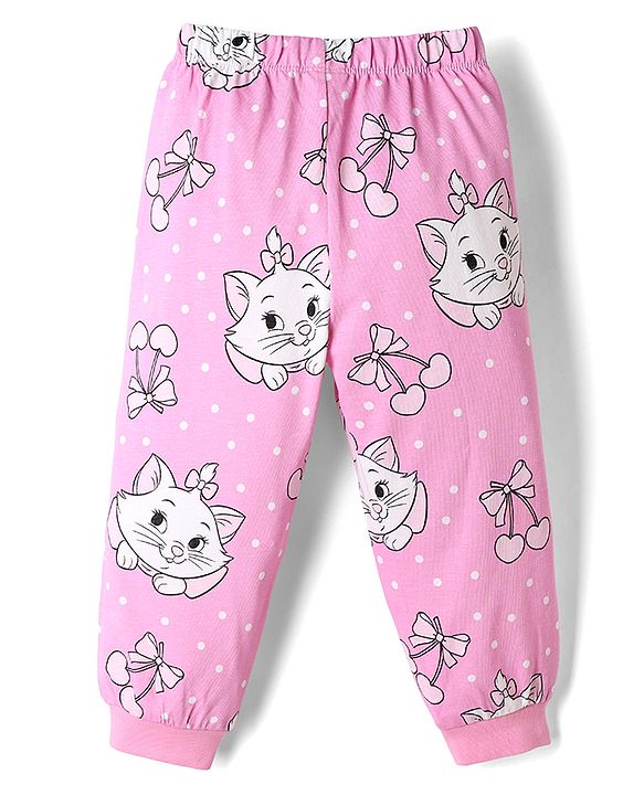 Babyhug Disney Single Jersey Knit Full Sleeves T-Shirt & Pyjama Night Suit With Marie Graphic - Pink & Light Green