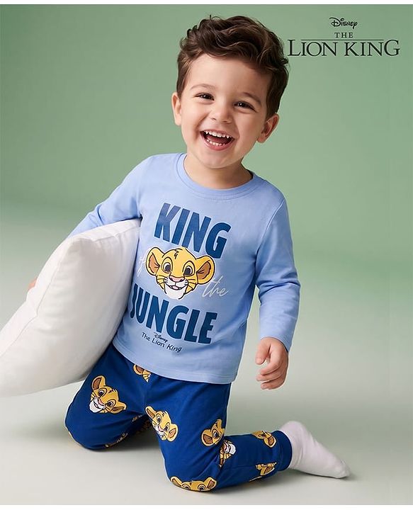 Babyhug Disney Single Jersey Knit Full Sleeves T-Shirt & Pyjama Night Suit with The Lion King Graphics - Blue