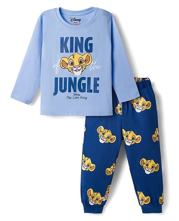 Babyhug Disney Single Jersey Knit Full Sleeves T-Shirt & Pyjama Night Suit with The Lion King Graphics - Blue