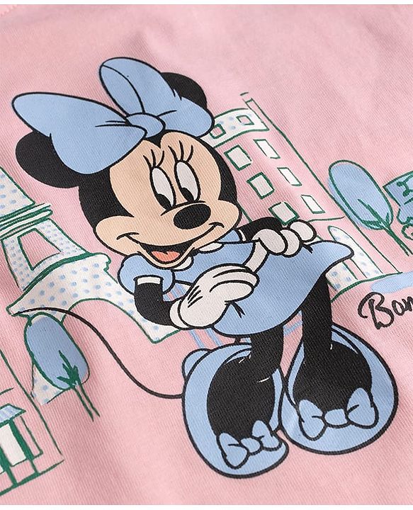 Babyhug Disney Single Jersey Knit Full Sleeves T-Shirt & Pajama Night Suit with Minnie Mouse Graphics - Light Pink